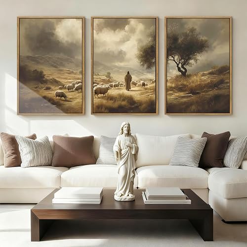 HPNIUB Neutral Christian Religious Framed Canvas Wall Art Set -24"x36"x3 | Jesus Leaves 99 Sheep Decor Vintage Bible Inspiring God Prints Easter Lost Lamb Artwork Living Room Church Room Faith Gift