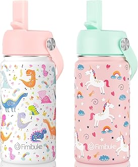 Fimibuke Kids Insulated Water Bottle, 14oz BPA FREE Double Wall Vacuum Tumbler 18/8 Stainless Steel Leak Proof Kids Cups with Straw Metal Bottle for School Boy Girl (2 Pack, UNICORN/WHITE DINOSAUR)