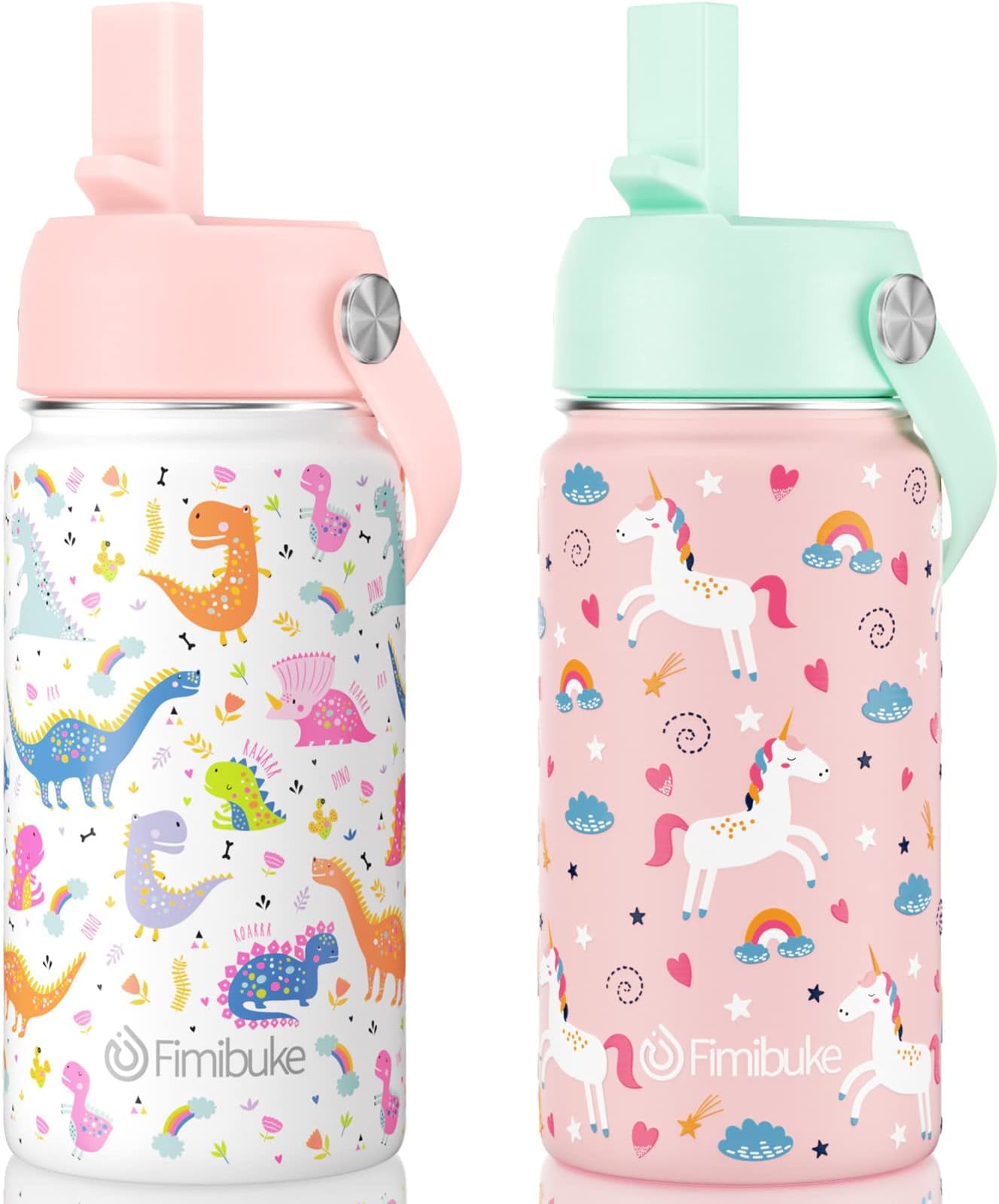 Fimibuke Kids Insulated Water Bottle, 14oz BPA FREE Double Wall Vacuum Tumbler 18/8 Stainless Steel Leak Proof Kids Cups with Straw Metal Bottle for School Boy Girl (2 Pack, UNICORN/WHITE DINOSAUR)