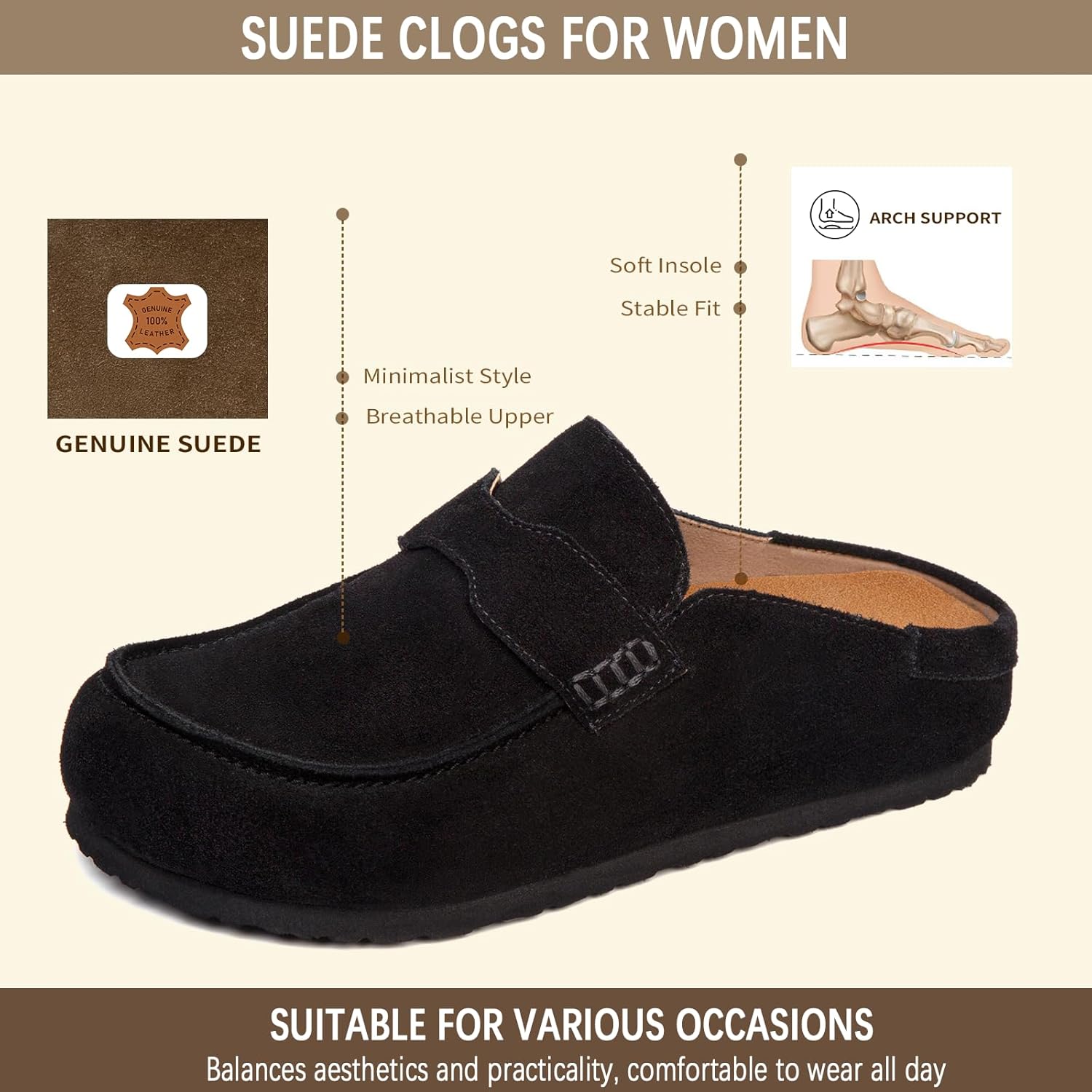 Women's Suede Mules Genuine Leather Clogs Closed Square Toe Slip On Durable Clogs for Women Footwear Non-Slip Outsole Comfort Shoes for All Season Casual Daily - Image 3