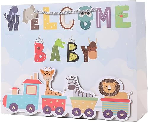 Miniatura 5 de jabberwpacking Bolsa de regalo grande de 13 pulgadas para bebé, bolsa de regalo azul con papel de seda y tarjeta de felicitación para baby shower,