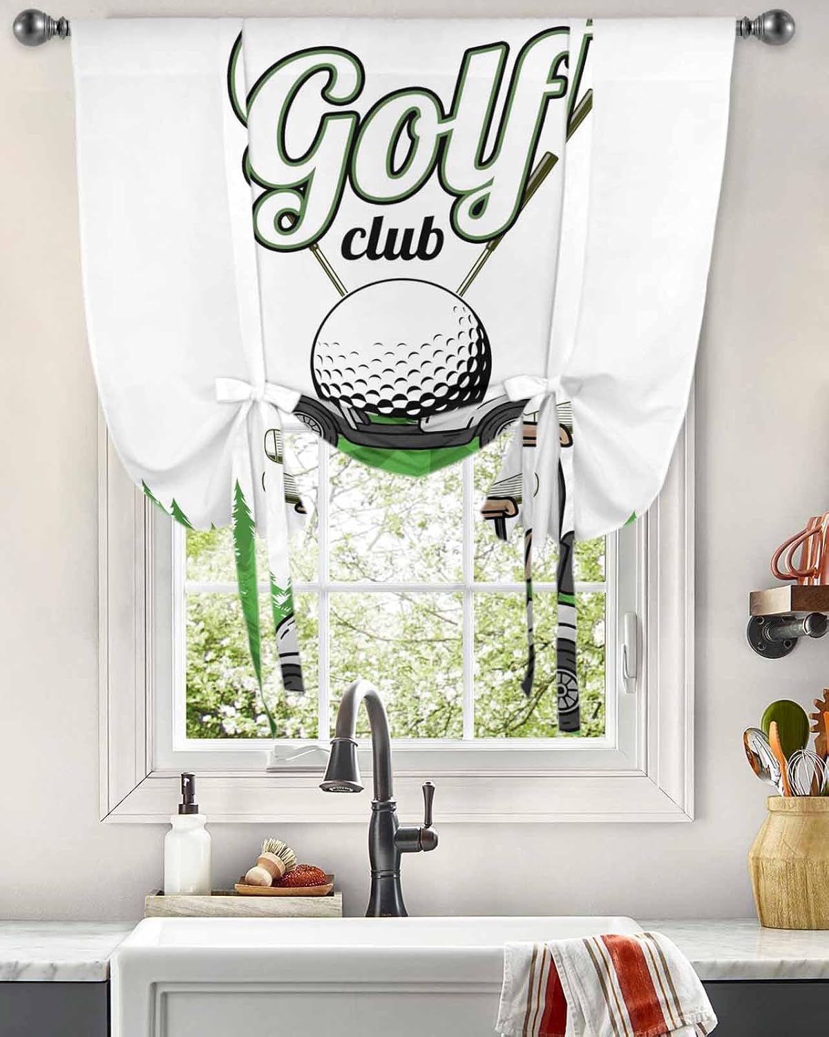 Cartoon Tie Up Curtains for Windows 63 Inch Length Balloon Curtains Kitchen Adjustable Balloon Window Shade Funny Car Ball Green Nature Forest Trees Tie Up Valance Bathroom Curtain Window 52"x63"