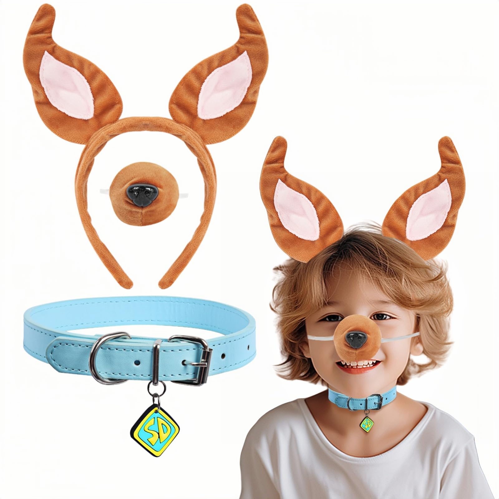 Boyigog Dog Costume Accessories-3Pcs, Dog Ears Headband Costume Party Supplies wiith Blue Collar, Nose, Halloween Carnival Cosplay Party Dog Fancy Dress Kids Adults Costumes Accessories