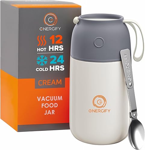 ENERGIFY Tarro de comida aislado al vacío. Tazón grande de 24 onzas con cuchara plegable, taza. Boca ancha para mantener bebidas calientes y frías,