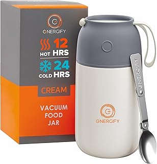 ENERGIFY Vacuum Insulated Food Jar. Large 24oz Bowl incl. Folding Spoon, Cup. Wide Mouth Keep Hot & Cold Drinks Soup Lunch Container for Adults. BPA-Free Stainless Steel, Leak Proof, Cream