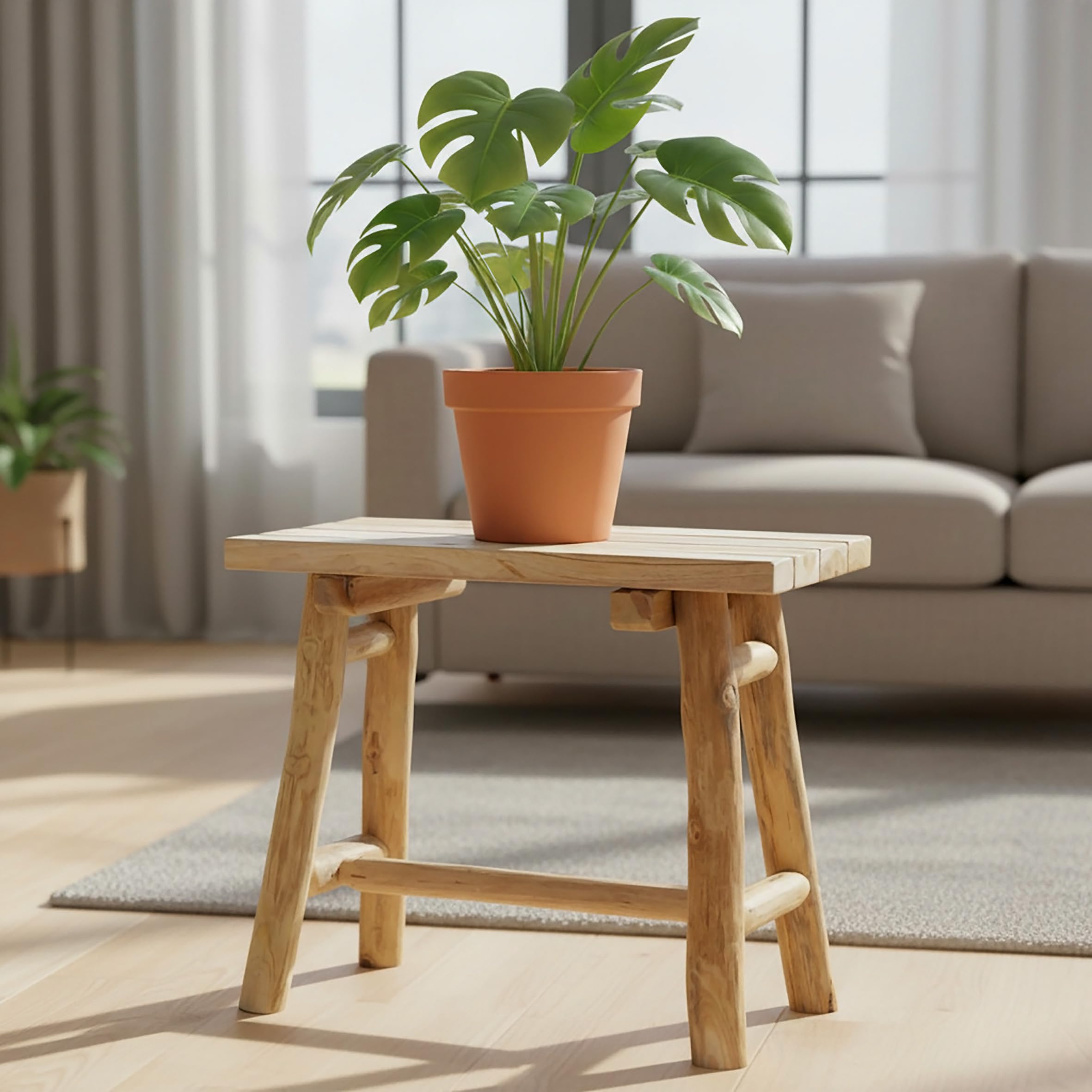 Spetebo Taburete rectangular de madera de teca, natural, 43 x 38 cm | Madera maciza, rústico, soporte para plantas, podio de flores, banco de madera en miniatura