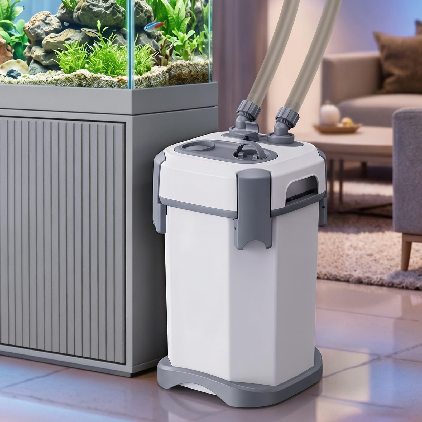 Filtro exterior de acuario de 1800 l/h, bomba silenciosa con flujo ajustable, juego de filtros de varios niveles para acuarios, incluye guata de filtro, carbón activo y bola orgánica, filtro exterior