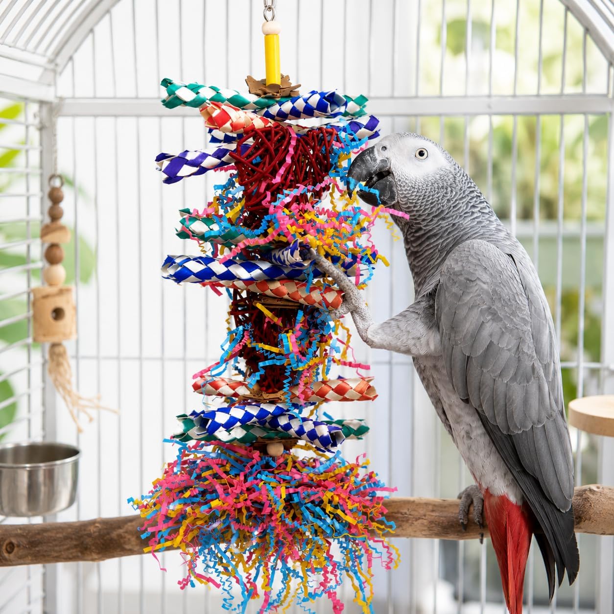 Bonka Bird Toys 1042 Huo Foraging Hearts Bird Toy for Medium Large Birds Interactive Shredding and Chewing Cage Toy Colorful Palm Leaf and Paper Enrichment Toy 12.5" image 4