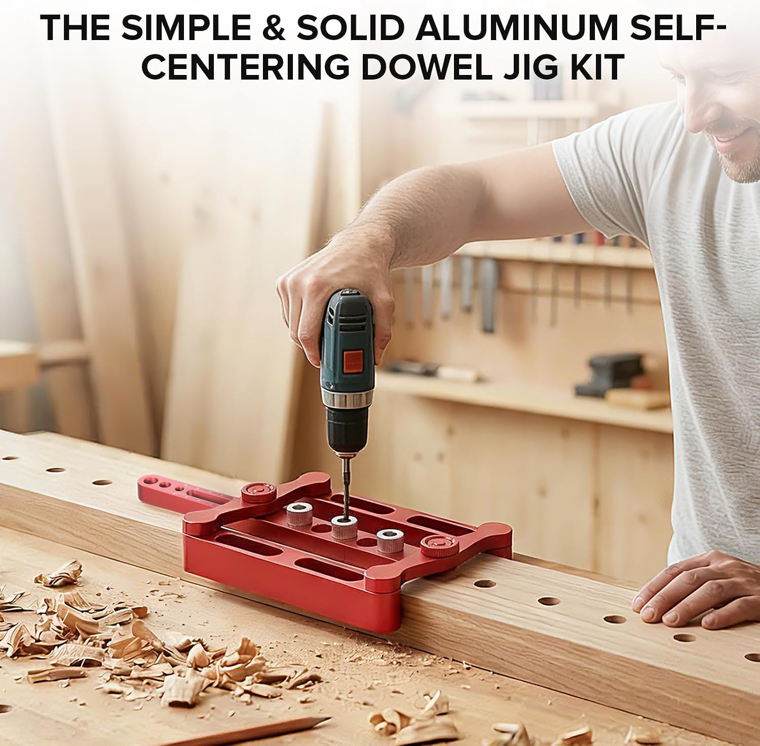 Self Centering Doweling Jig Kit, Dowel Jig for Woodworking Joinery, 6/8/10mm Dowel Hole Locator with Steel Bushings, Adjustable Tool for Furniture and Cabinet
