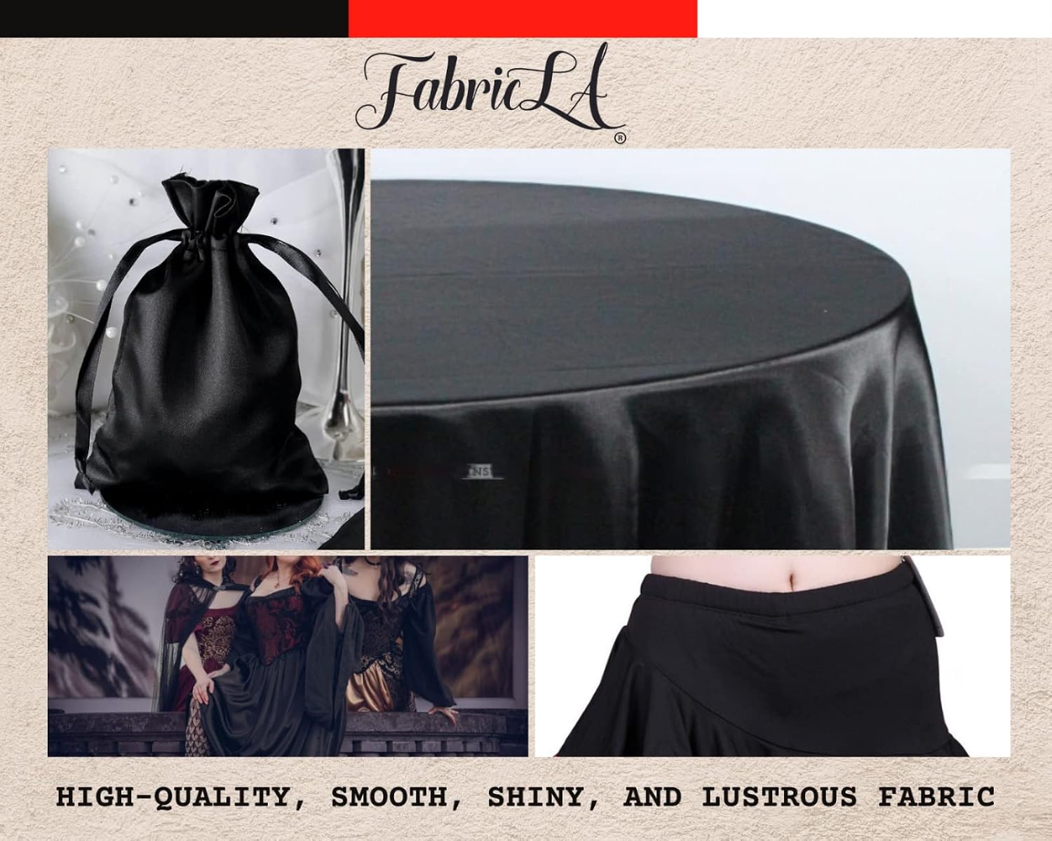 FabricLA Satin Fabric - 58/60" Inches (150 cm) Wide Satin Silky Fabric for Bridal Wedding, Apparel, Decoration, Fashion Craft - Satin Charmeuse Fabric Black 4 Yards