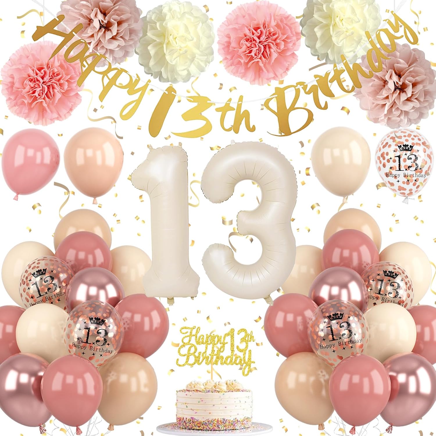 Froova 13th Birthday Decorations for Girl Retro Blush Pink Birthday Balloons Happy 13th Banner Cake Topper Pom Poms Dusty Rose Gold Number 13 Balloon for Her 13 Year Old Bday Party Decoration Supplies