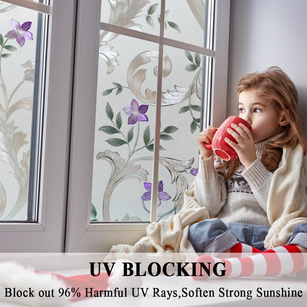 Decorative Window Film Etched Floral,Privacy Door Film,Static Cling Glass Film,No Glue Stained Glass Anti UV Window Paper for Bathroom,Office,Meeting Room,Bedroom,35 inches by 157 inches