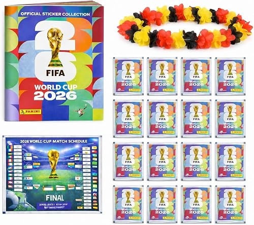XXL Kit Starter Fan Coupe du Monde 2026 – Album Original Panini, Calendrier des Matchs + Collier de Fleurs Allemagne, Bundle Fan XXL (10 Pochettes / 70 Stickers) - 1