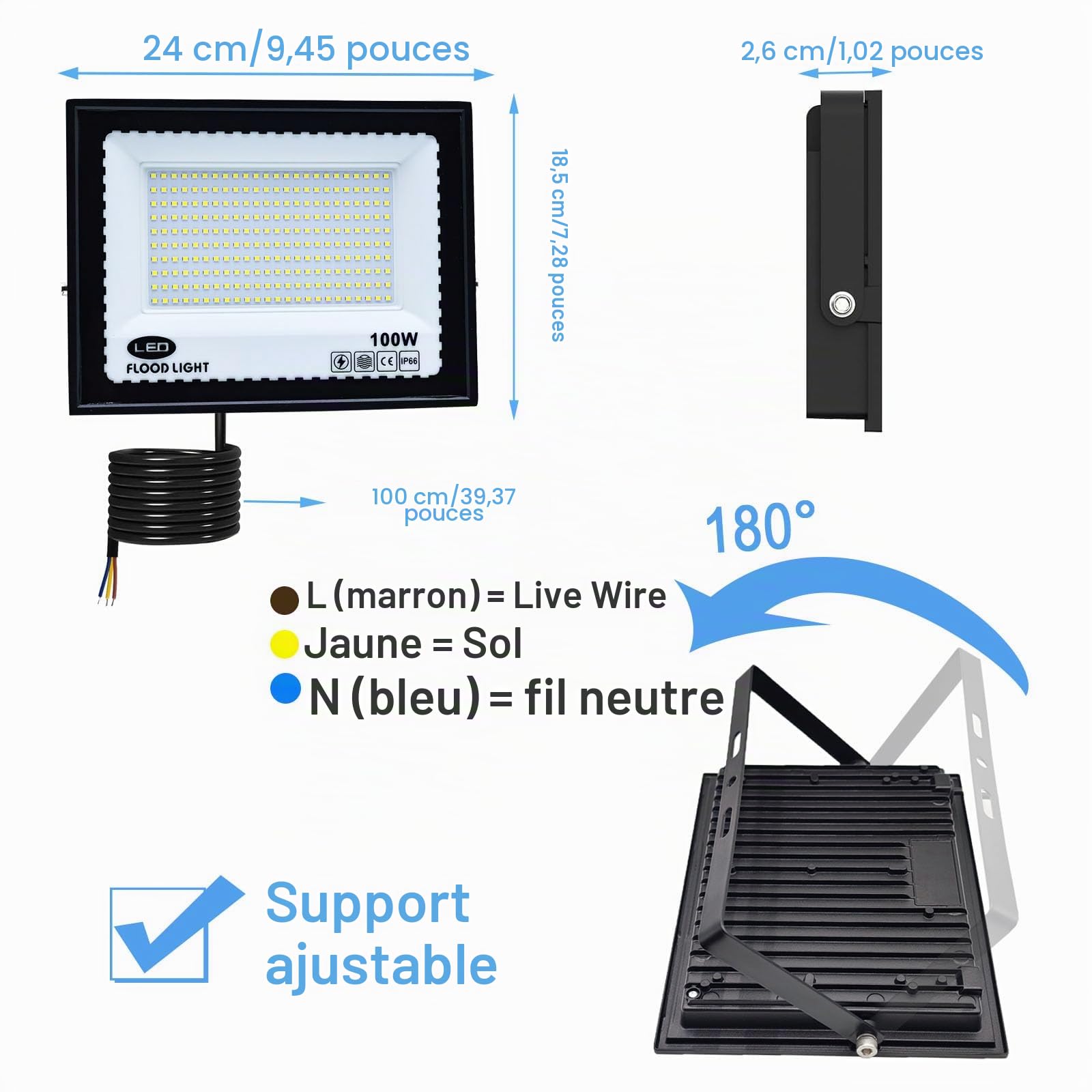2 Pièces Projecteur Led Extérieur 100W, Blanc Froid 6500K Projecteur LED, 10000LM Spot LED Extérieur IP66 Étanche, pour Jardins, Cours, Garages, Toits, Terrasses, Parkings, Places et Quais
