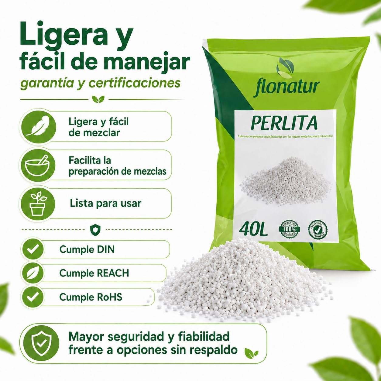 Perlita, Mineral para Mezclar con sustrato, válido para Cualquier Cultivo, Formato en Saco (40L)