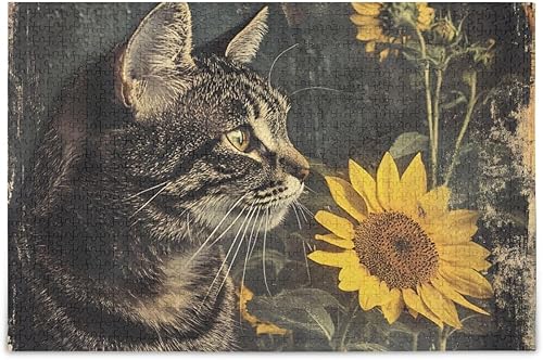 Rompecabezas de 1000 piezas con diseño de girasol de gato vintage para adultos, madera y papel prensado con clasificación alfabética, rompecabezas