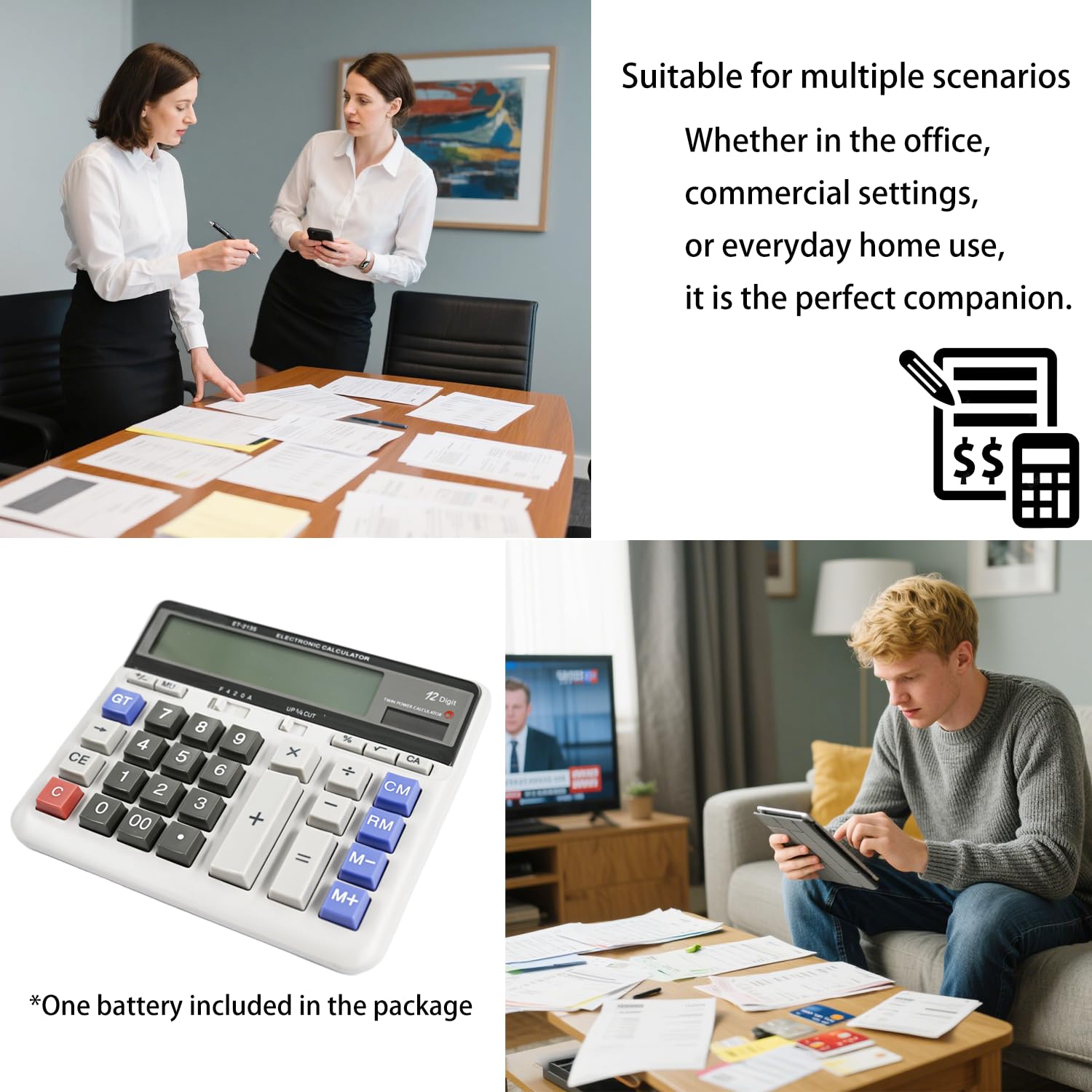 Calculatrice de comptabilité de bureau avec écran LCD extra large à 12 chiffres, calculatrice comptable pour gros boutons, batterie et double alimentation solaire pour bureau, entreprise, maison
