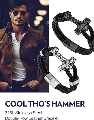 Miniatura 5 de Bandmax Pulsera trenzada de cuero negro para hombre con colgante martillo de Thor calavera abalorio masónico pulseras de cuerda de cera con hebilla