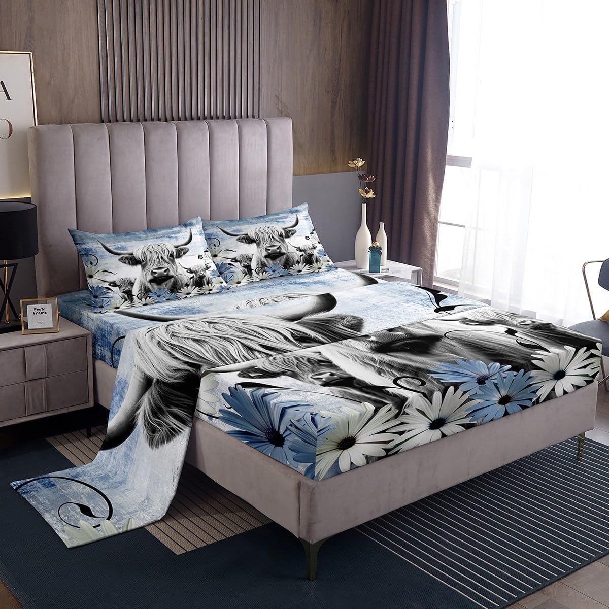 ErosebridalHighland Cow Print Bed Sheets King,Blue Western Farmhouse Sheet Set Rustic Home Decor,Longhorn Cattle Farm Animal Fitted Sheet Graffiti Daisy Flower Bedding Set Cowboys Gifts for Men Women