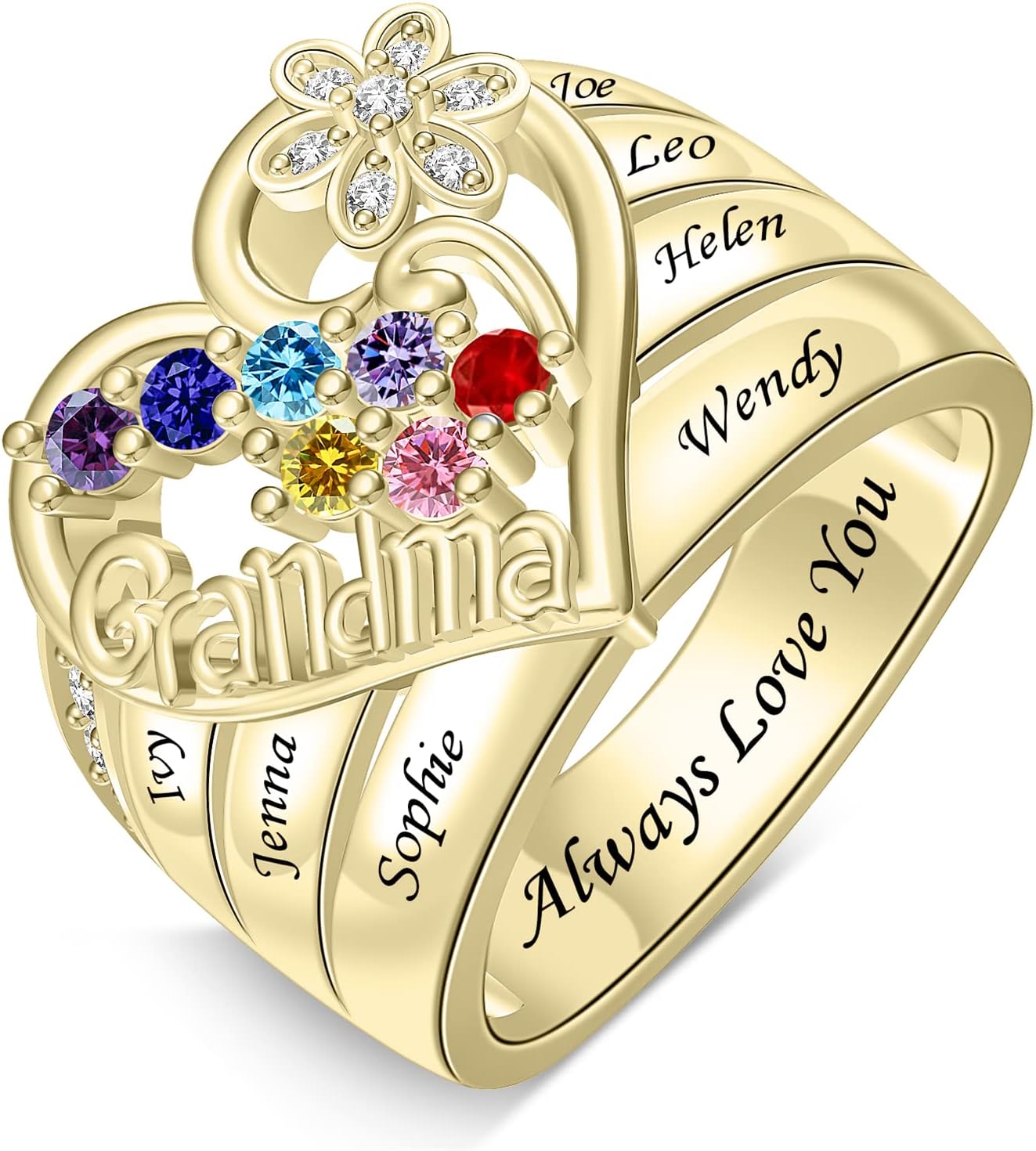 BABOOM Personalized Grandma Ring with 1-8 Birthstones & Names Custom Mother Ring Engraved Birthstone Rings for Women Mom Grandmother