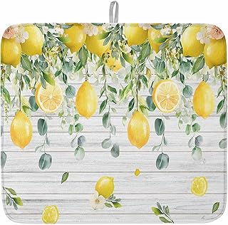 Yellow Lemon Dish Drying Mat for Kitchen Counter Green Eucalyptus Wood Grain Farmhouse Baby Microfiber Drying Pad, Absorbent Coffee Cup Dishes Drainer Mats 16"x18", 1 Pcs