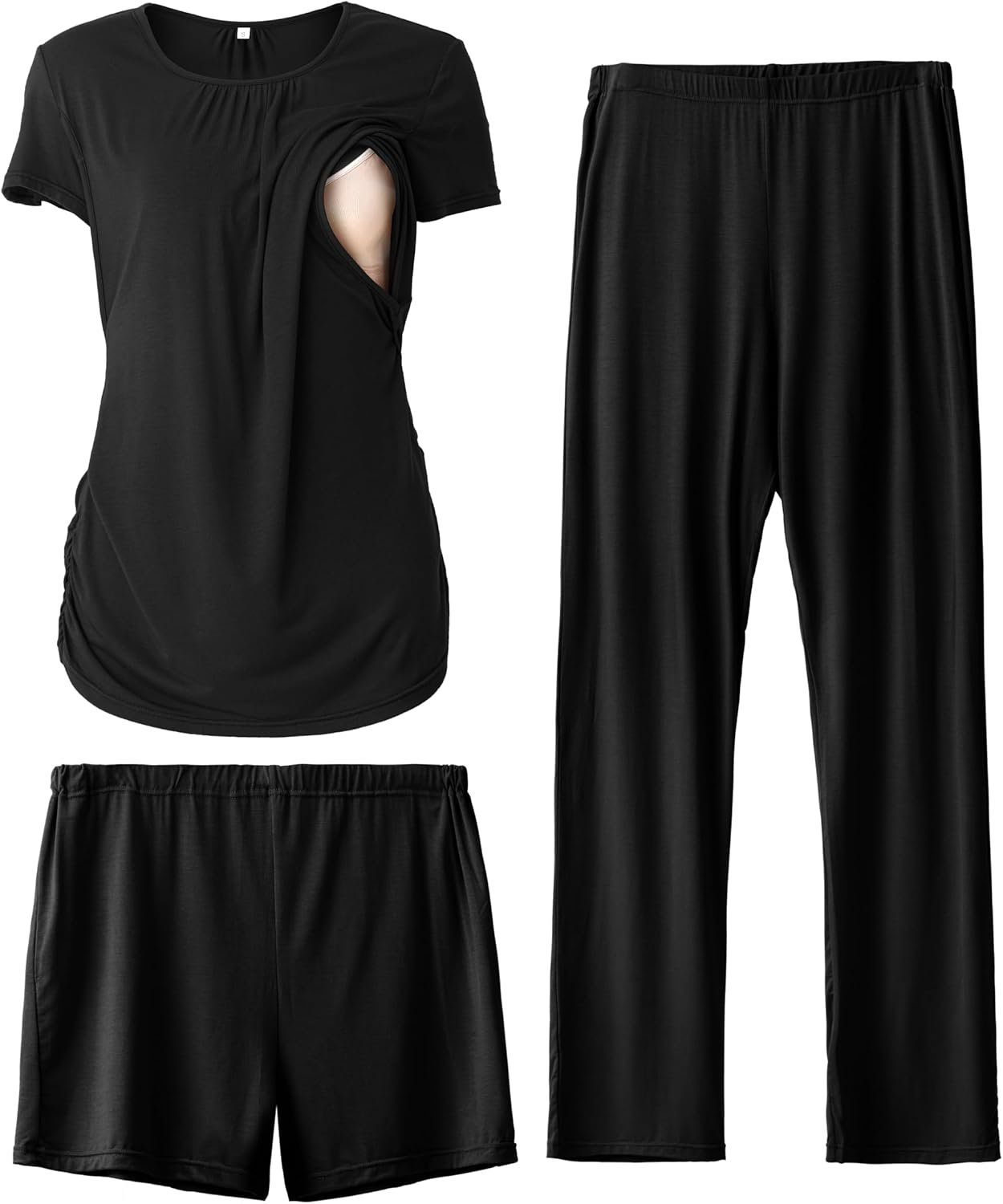 SUNNYBUY Womens Maternity Nursing Pajamas Set, Short Sleeve Breastfeeding Shirts,Pregnancy Shorts & Pants 3 Piece Nursing PJS