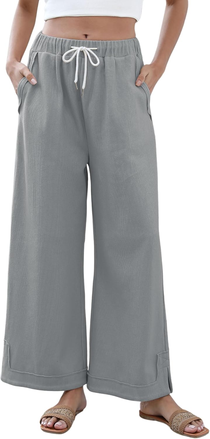 Athlisan Womens Baggy Wide Leg Palazzo Pants Casual Loose Drawstring Elastic Waisted Lounge Trousers with Pockets
