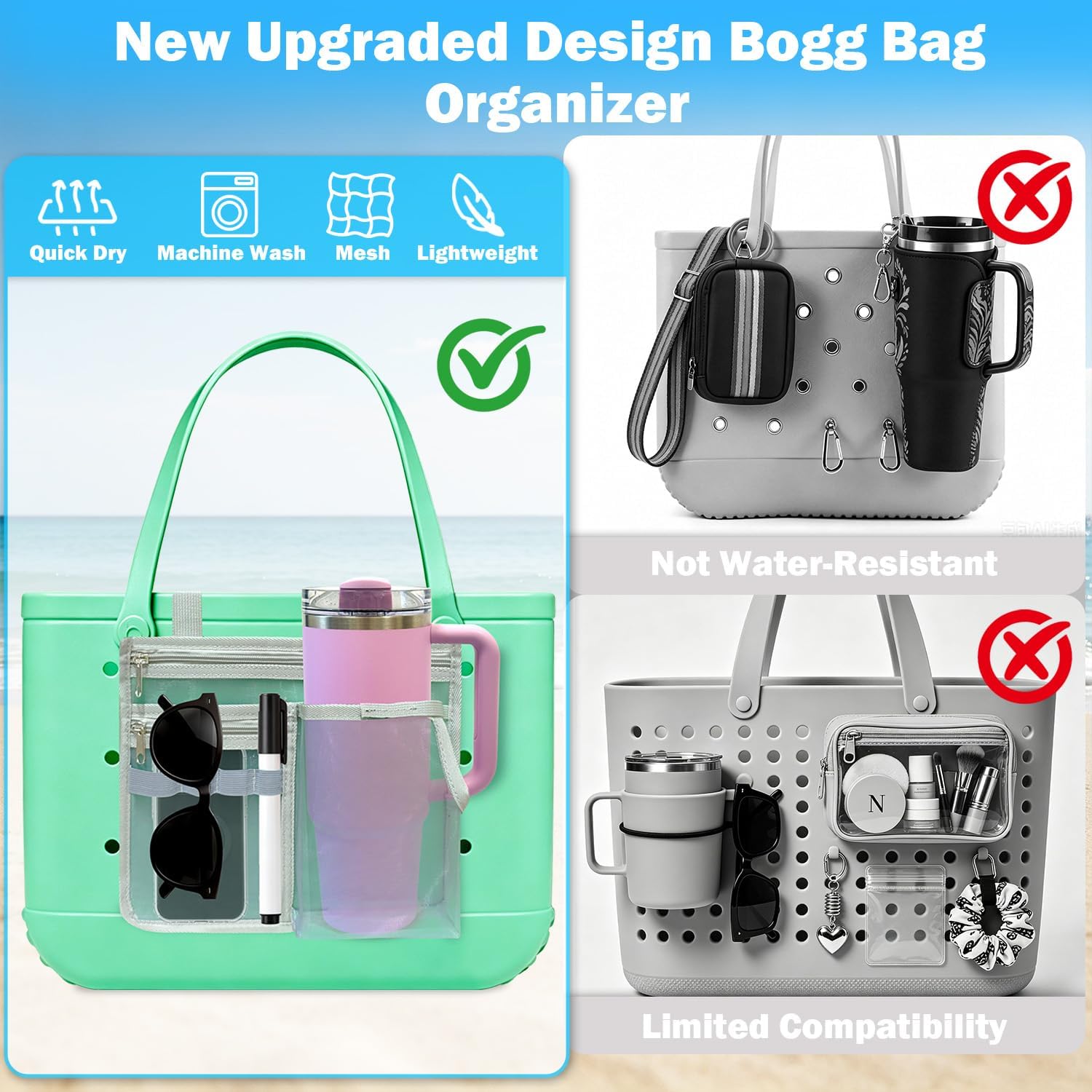 Organizer Pouch for Bogg Bag & Simple Modern Bag – Accessories for Bogg with Cup & Phone Holder Compatible with 30/40oz Stanley, Mesh Storage Pouch, Fit Medium XL Bogg & Simple Modern Bag, Gray