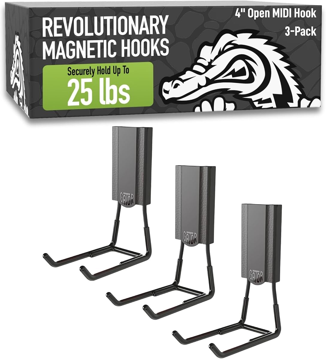 GATOR MAGNETICS MIDI 4 in Black Open Hooks, 25 lb Magnetic Hooks – 3 Pack | Patented Easy-Release, Non-Slip Grip. Works on toolboxes, garage, steel cabinets, workbenches, utility vans & lockers.