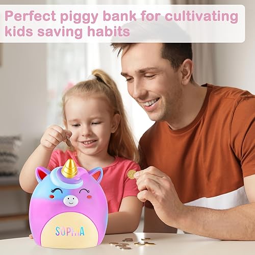 Miniatura 6 de Alcancía de unicornio para niñas, bonita alcancía irrompible de resina con calcomanías y pulsera, juego de pulseras para niños pequeños, azul y