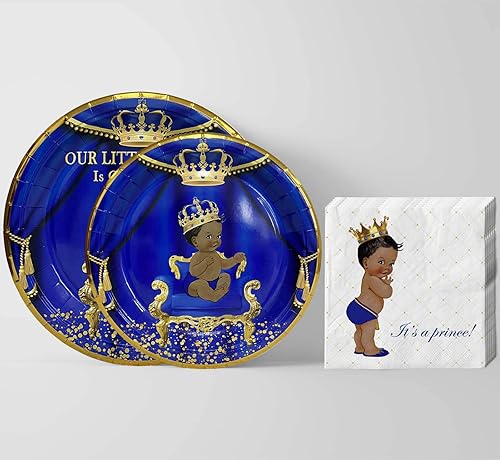 Miniatura 4 de Servilletas con platos para fiesta de baby shower, con diseño de "Nuestro Principito está en camino" para 24 invitados, vajilla desechable azul real