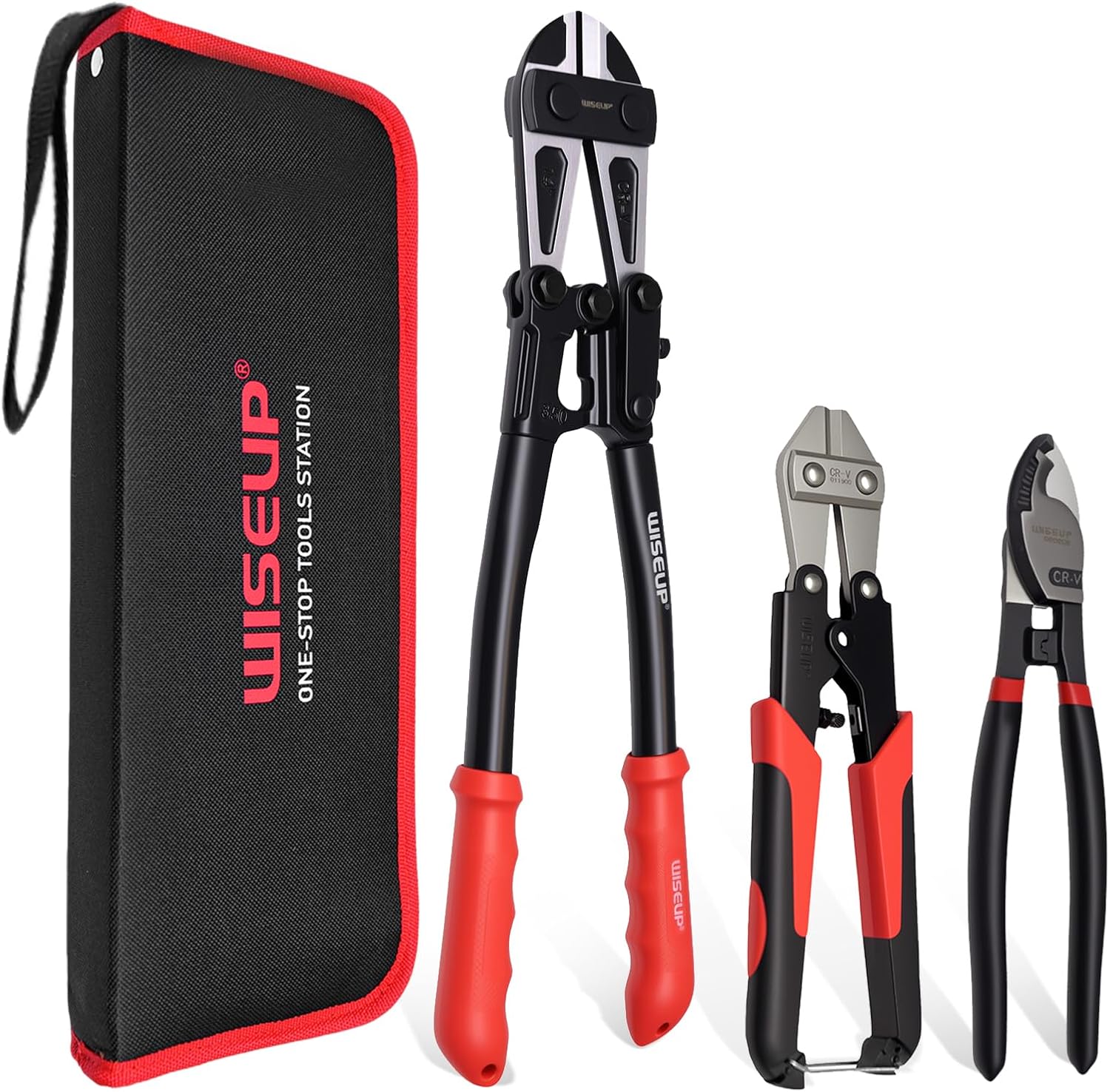 WISEUP 3-Piece Bolt Cutter Set: 14" Heavy Duty, 8" Mini Bolt Cutter & Wire Rope Cutter w/ Bag - Cuts Locks, Chains, Barbed Wire