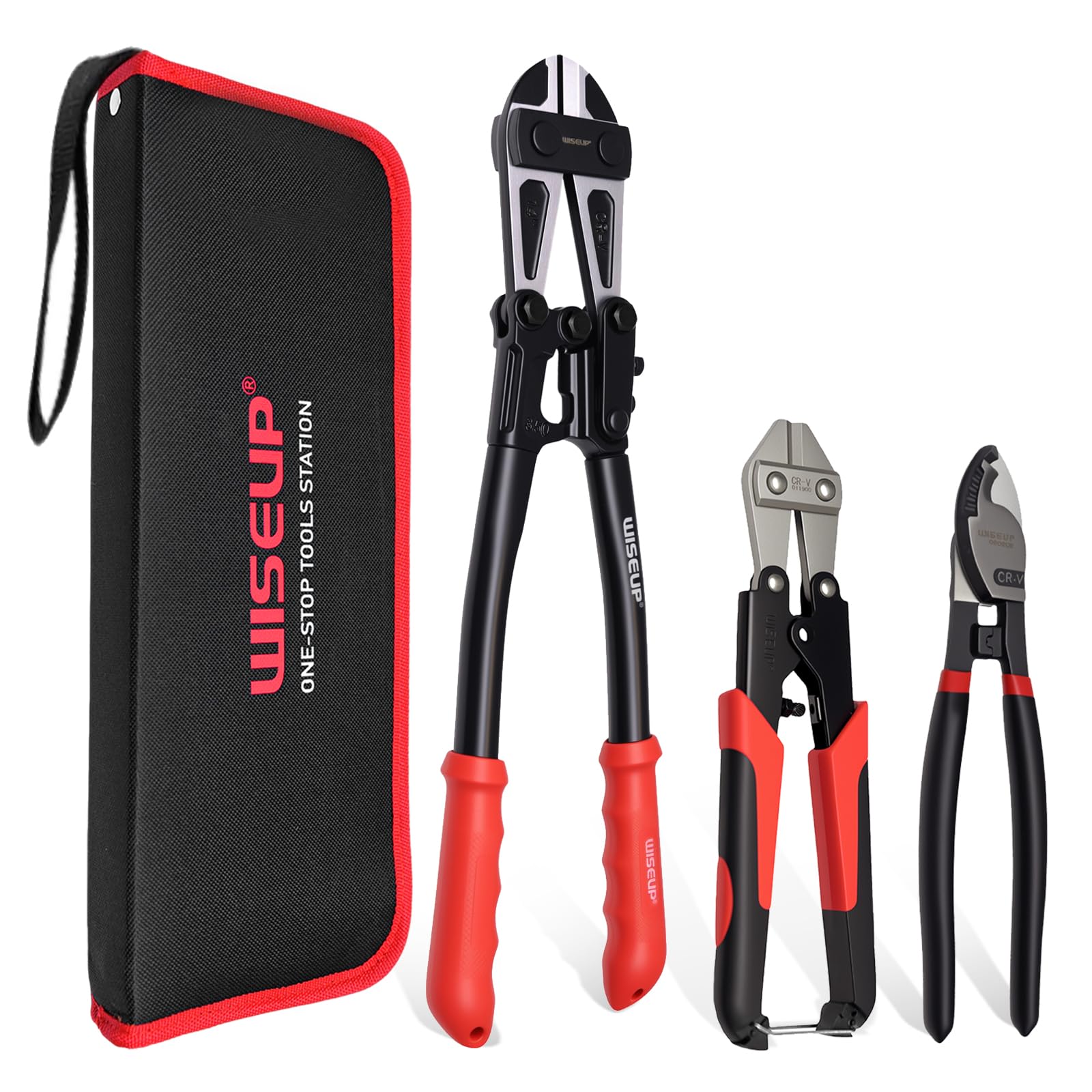 WISEUP 3Pcs Bolt Cutter Pliers Set, 14" Heavy Duty and 8" Mini Bolt Cutter, 8" Wire Rope Cutter with Carrying Bag, Easily Cutting Locks，Steel Barbed Wire, Chains