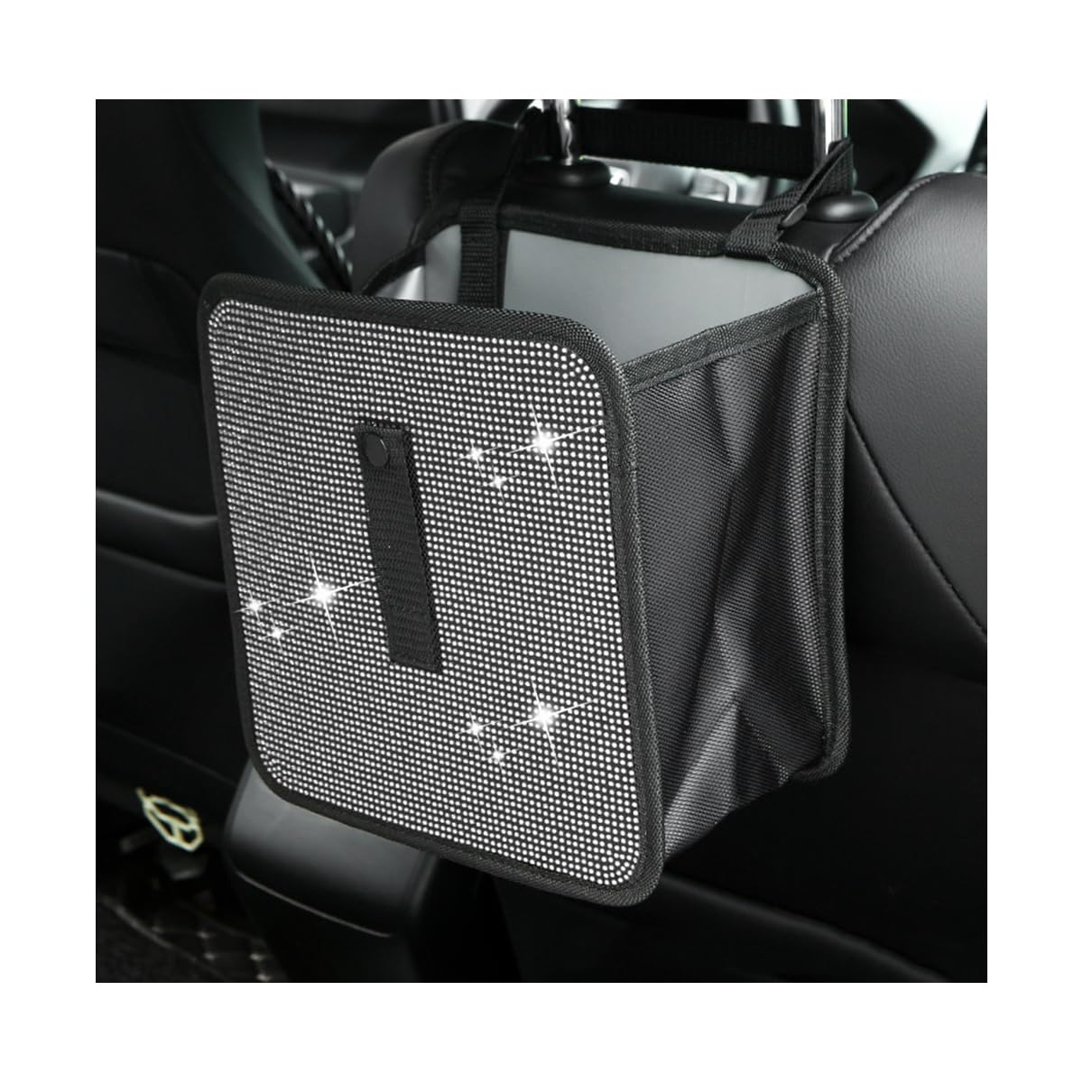 FSTURIOS - Papelera para coche con cristales brillantes, impermeable, colgante, bolsa de basura para interior de coche, Oxford, plegable, a prueba de fugas, universal, para la mayoría de vehículos, color blanco