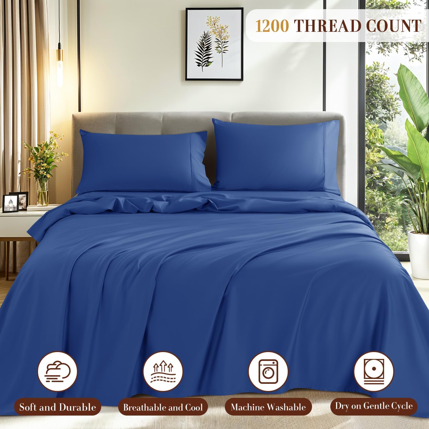 1200 Thread Count Cotton Sheets, 100% Egyptian Cotton Sheet for Queen Size Bed,Very Smooth Soft with 18" Deep Pocket Sheets 4-Pc Sets (Ocean Blue, Queen)