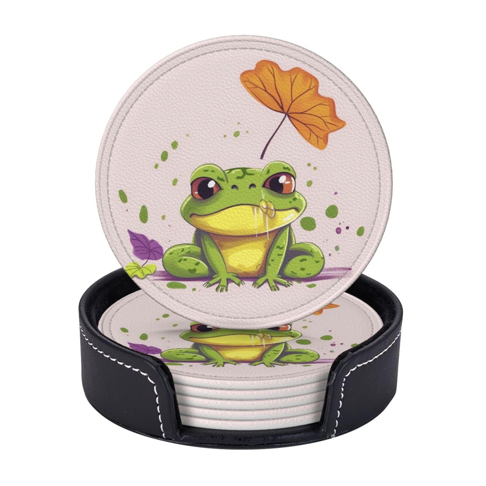 6PCS Drink Coasters with Holder, 4" Leather Coasters for Drinks, Leaves and Frog Cup Coasters for Coffee Table Decor, Non-Slip Drinking Cup Mat for Hot or Cold Drink
