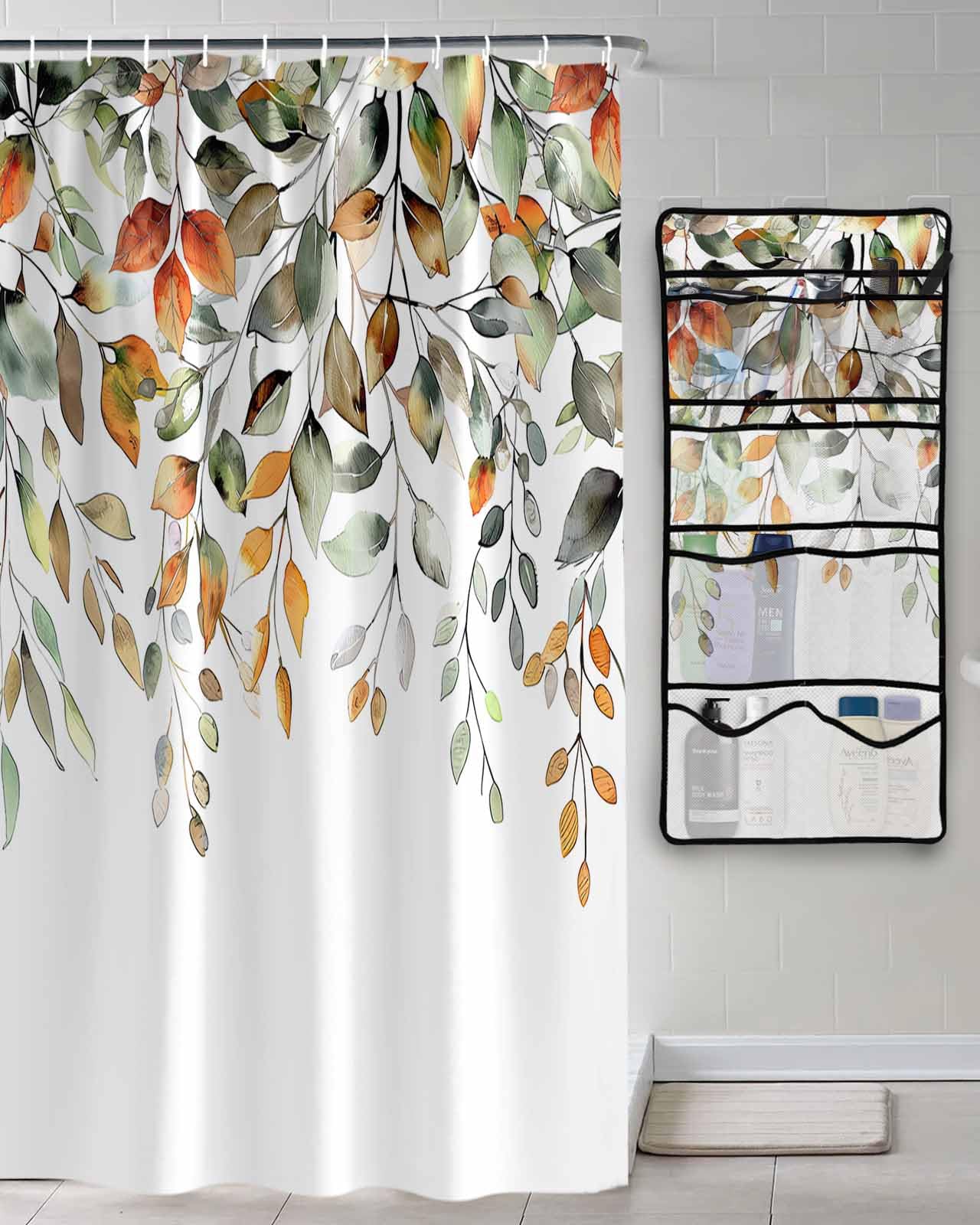 Decorative Shower Curtain Sets Fall Polyester Fabric Waterproof Bath Shower Curtains Autumn Sage Green Eucalyptus Leaves White Mesh