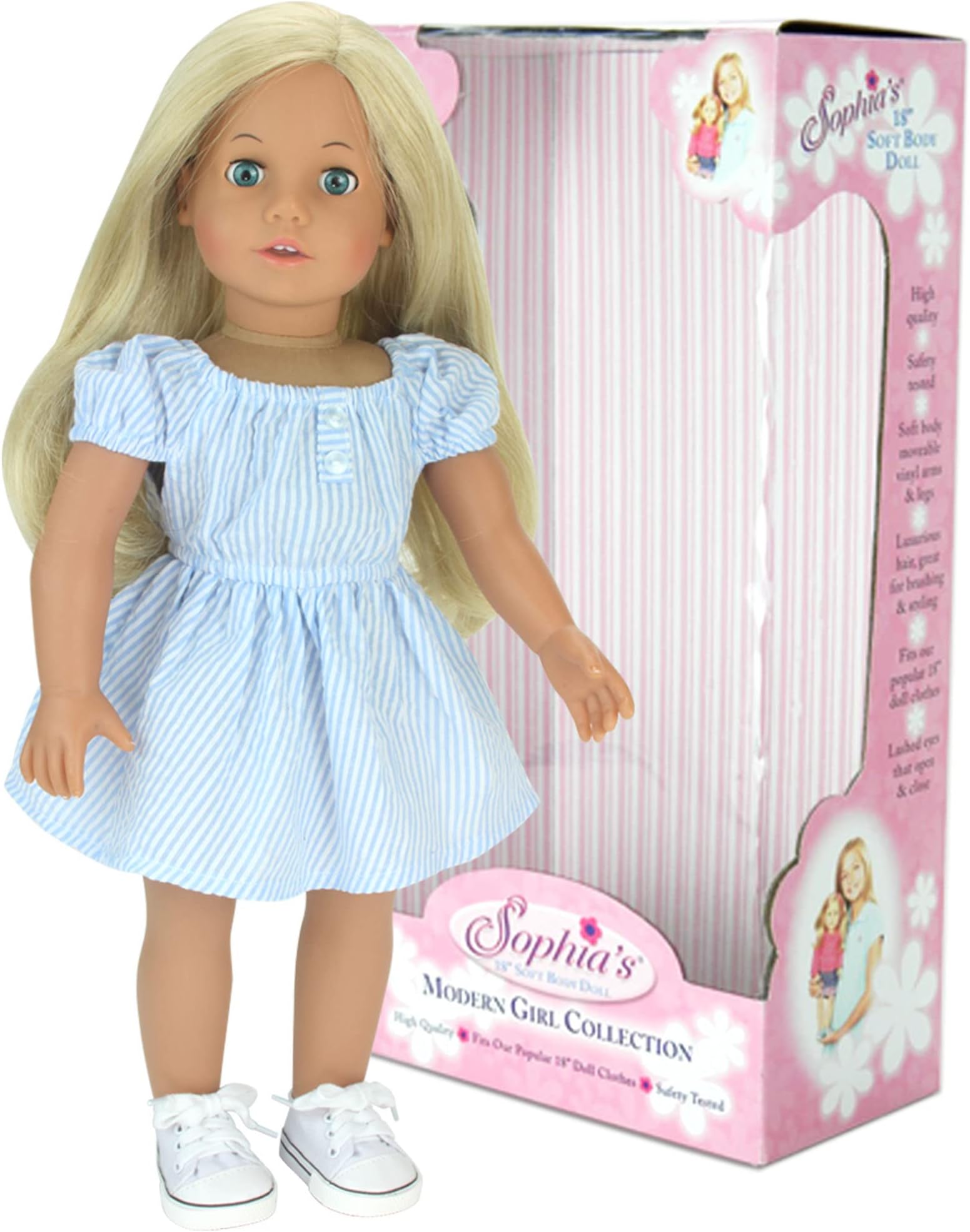 Teamson Kids Sophia's 18 Inch Baby Doll Sophia with Blue Dress and Doll Shoes, Modern Girl Collection, 18'' All Vinyl Doll with Blonde Hair