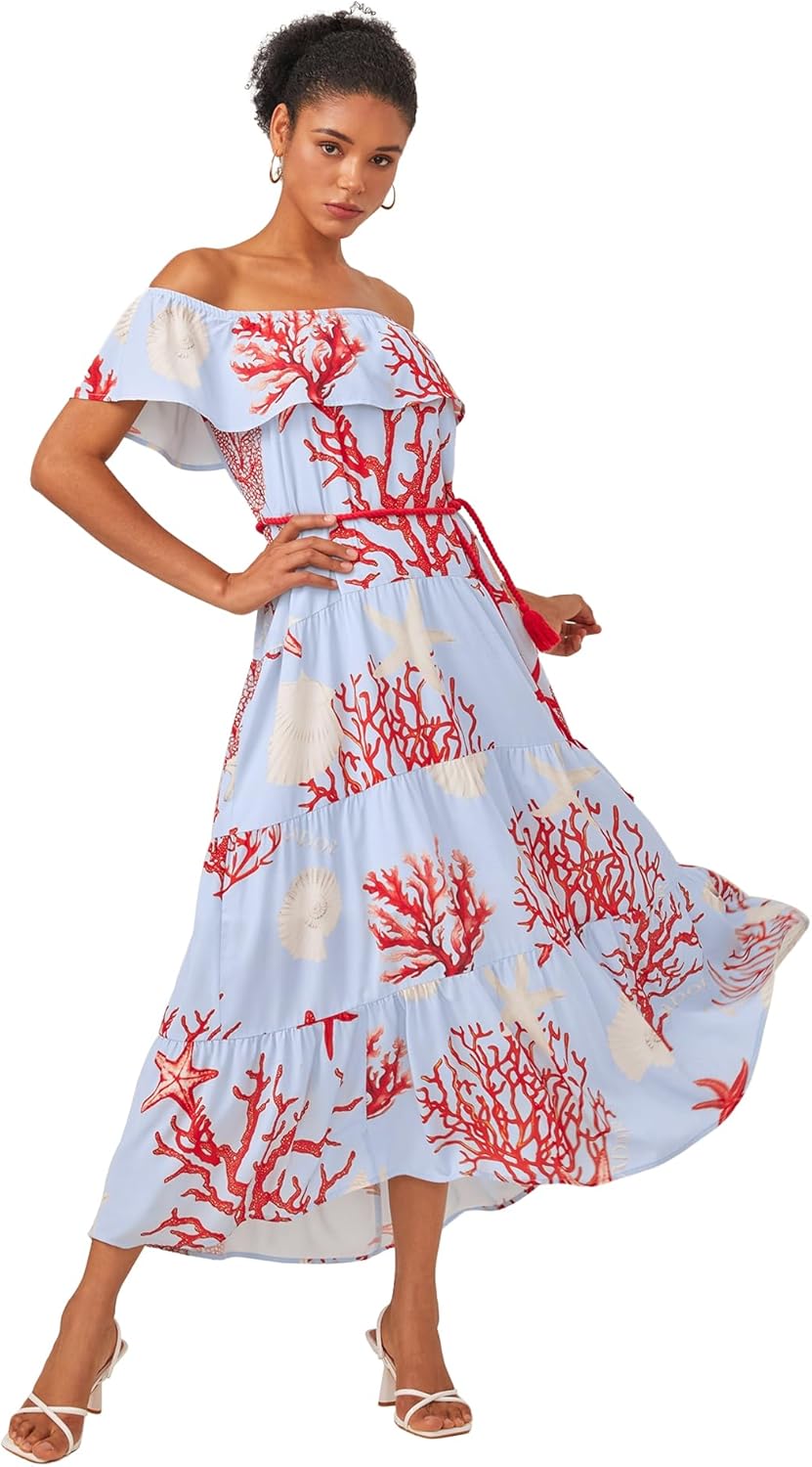 Womens offshoulder floral maxi dress with ruffle and belt