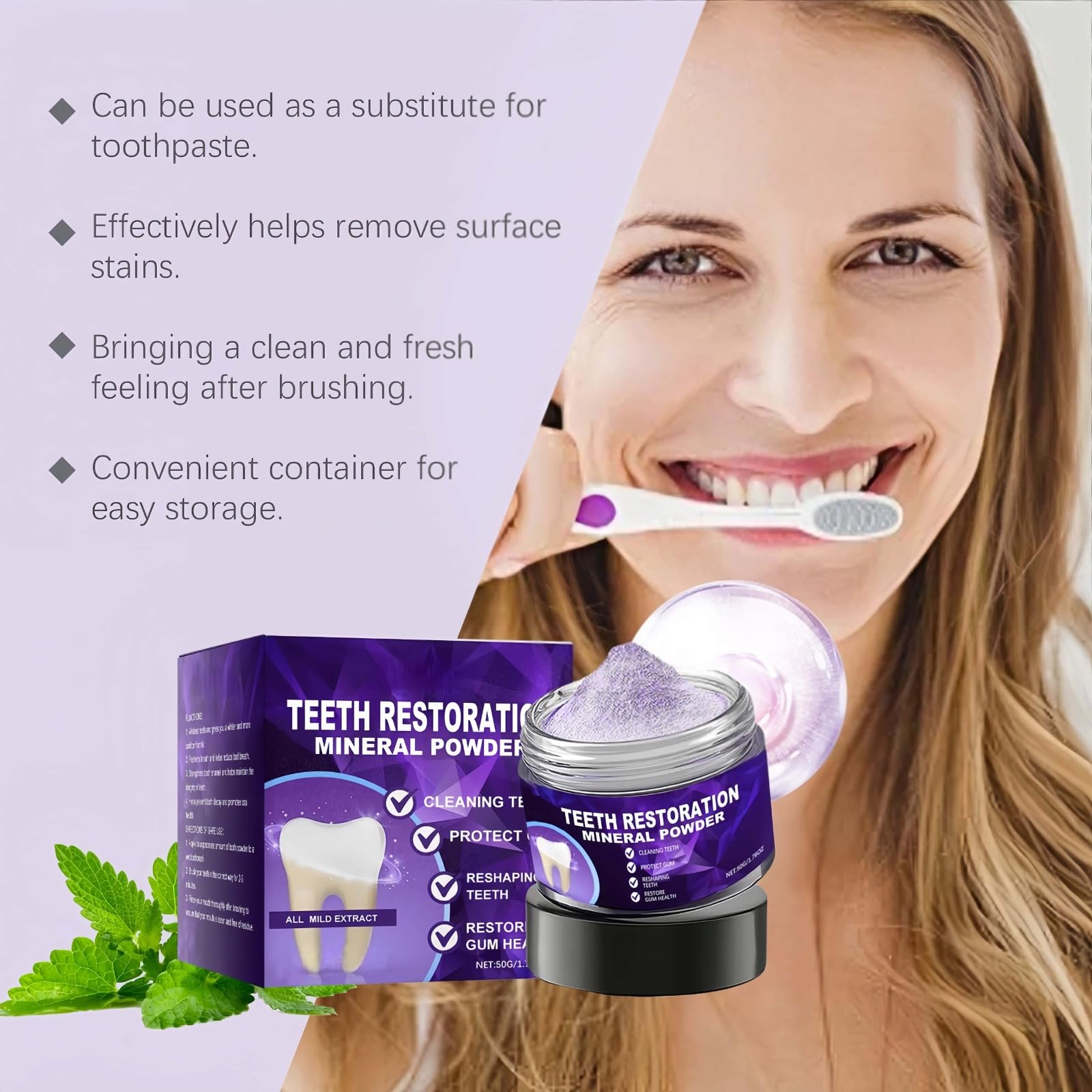 Poudre dentaire de blanchiment des dents efficace pour renforcer les dents et les gencives， dentaire pour la décoloration， minérale pour la réparation des dents