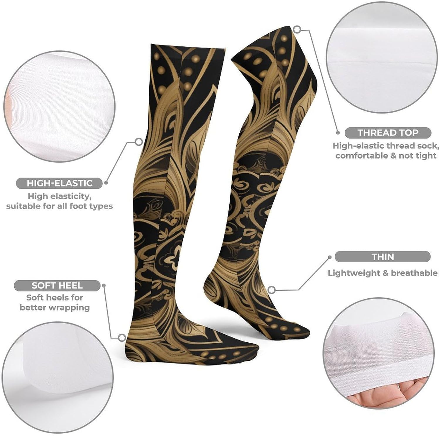 Black And Golden Pattern Knee High Stockings for Women 23.6" Breathable Thigh High Stockings Over The Knee Socks