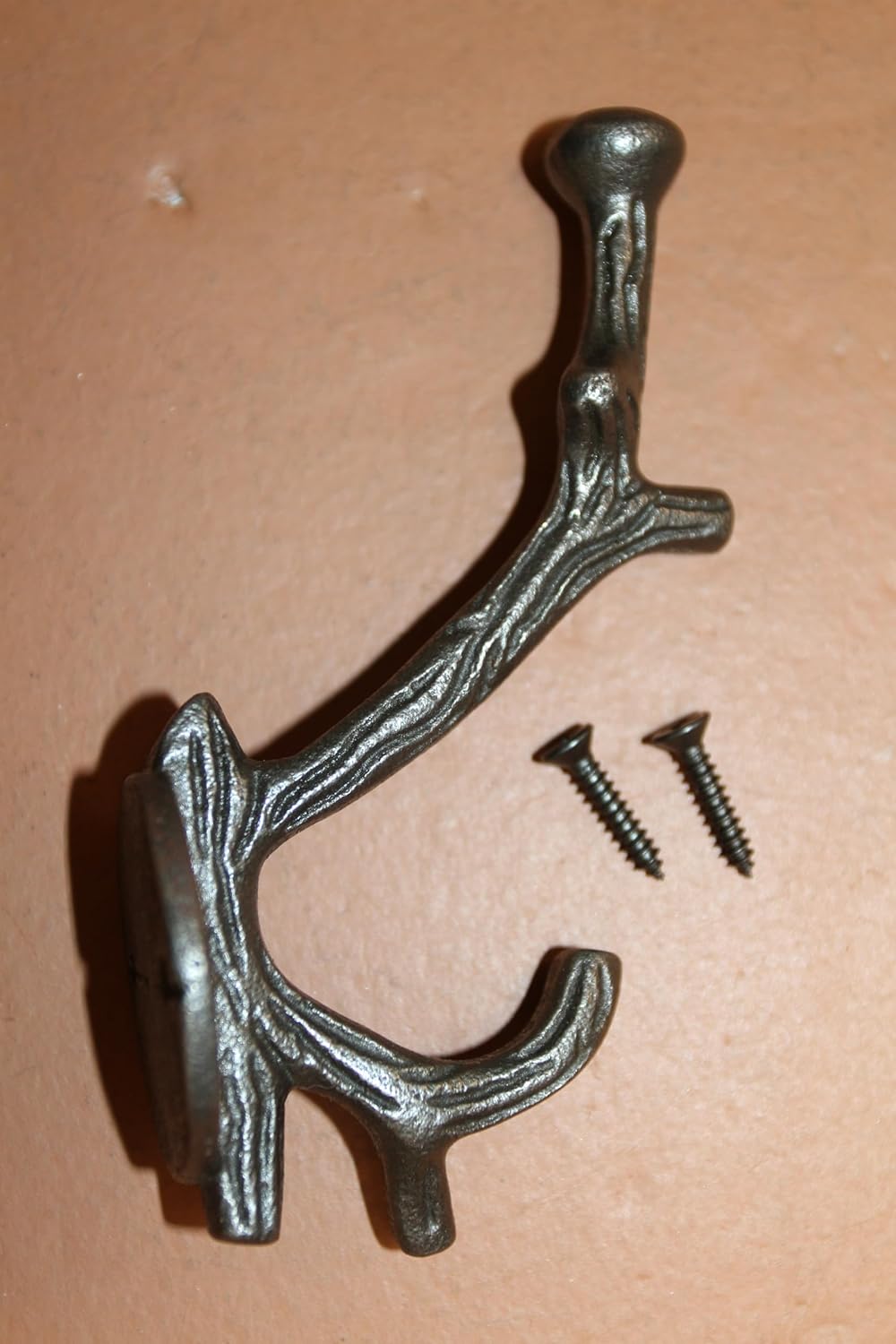 6 - Tree Branch Double Wall Hook, Burnished Matte Finish, Decorative Cast Iron Design, 1.5 x 4.75 Inches, with Mounting Screws, H-146I