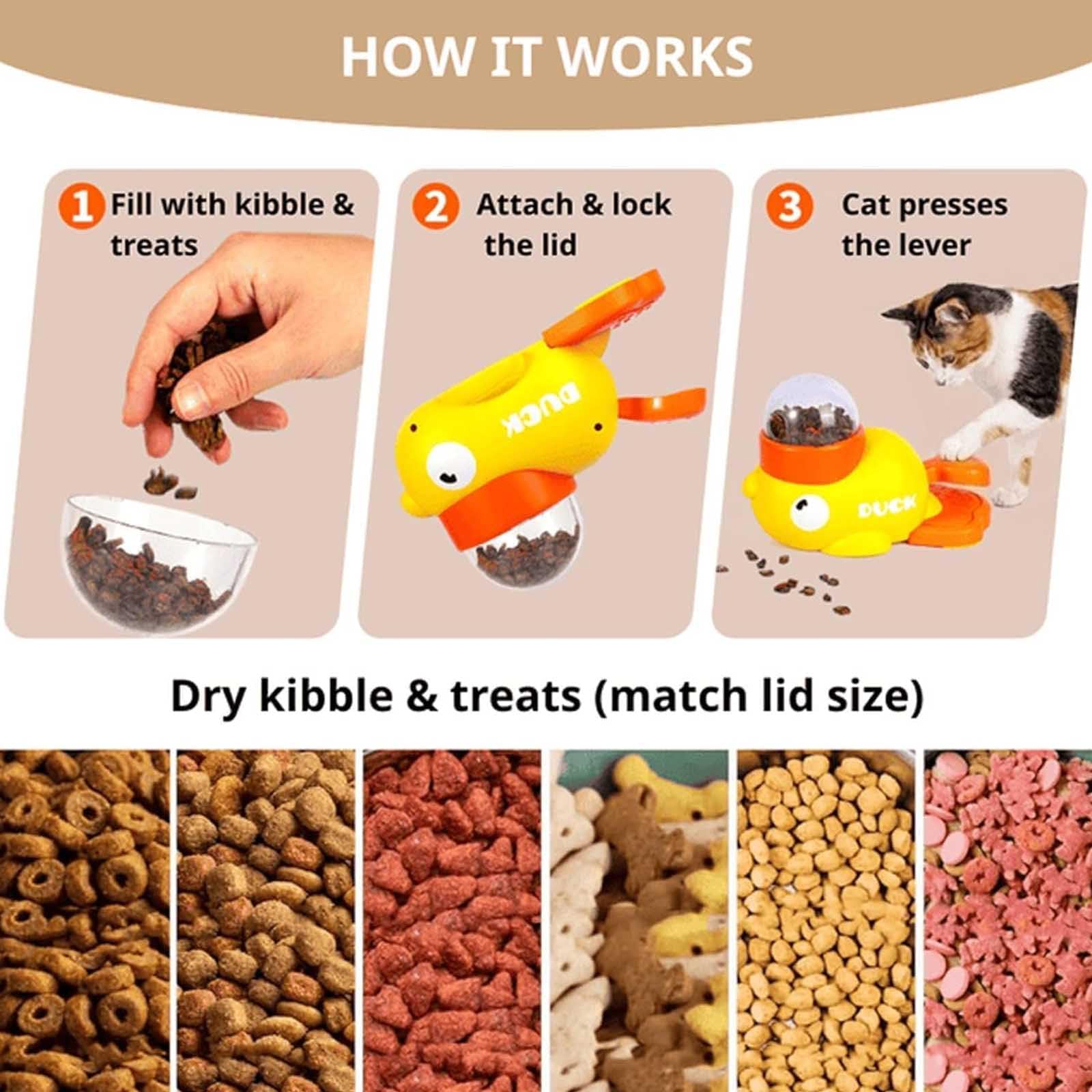 Mangiatoia per gatti Fuzzibud Duckie,Dispenser di snack per gatti Fuzzibud Duck,Giocattolo interattivo 2 in 1 puzzle per cani e mangiatoia lenta,Giocattolo dispenser di cibo per gatti (Yellow)