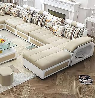 Ripple FURNITURE U Shape 9 Seater Modern Interchangeable Fabric Sofa Set with 4 Puffy (Right, Beige & White)
