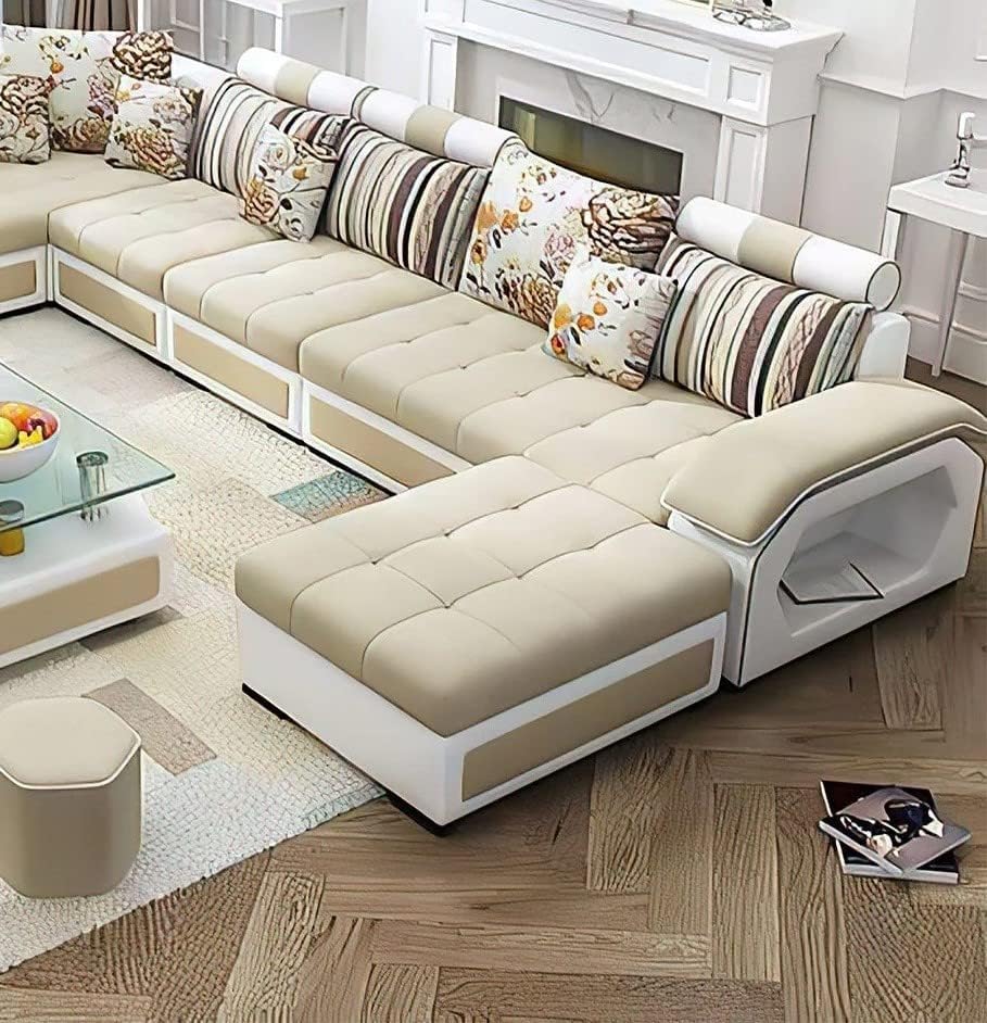 Ripple FURNITURE U Shape 9 Seater Modern Interchangeable Fabric Sofa Set with 4 Puffy (Right, Beige & White)