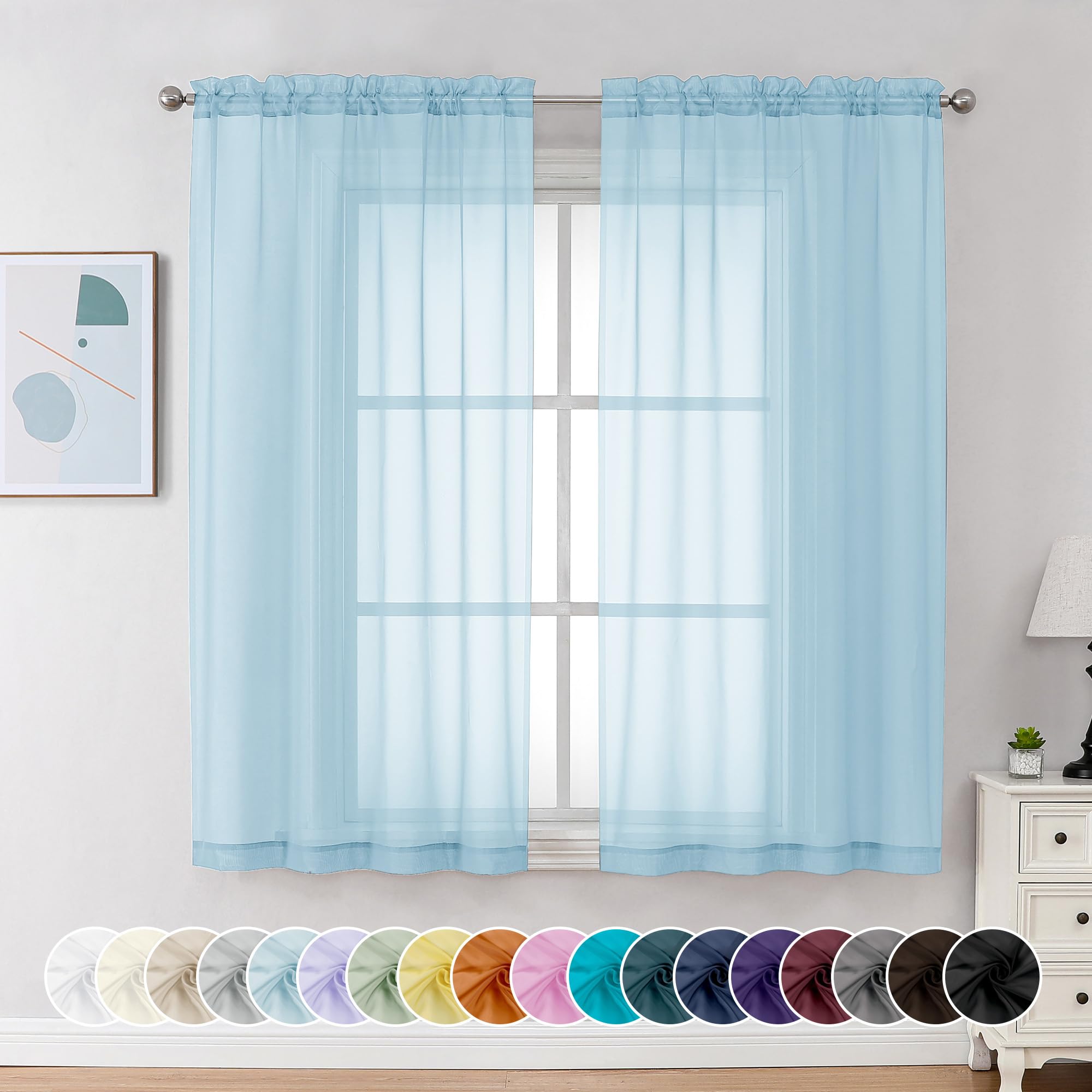 Chyhomenyc Sky Blue Sheer Curtains 54 Inch Long 2 Panels, Light Filtering Rod Pocket Voile Short Curtains Drapes for Living Room Bedroom Small Windows