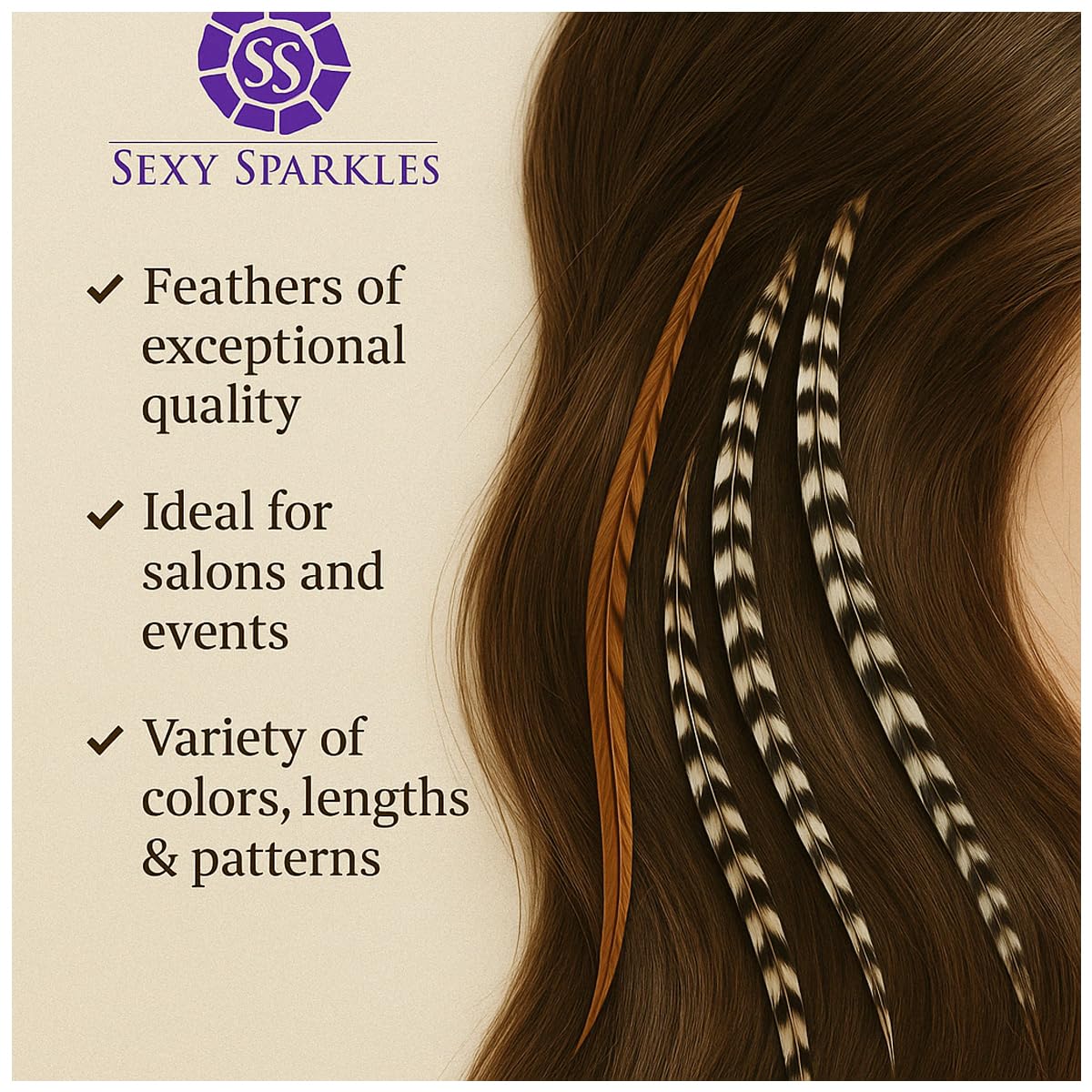 Sexy Sparkles - Kit di 25 extension per capelli con piume, 17,8 - 33 cm, 100% vere piume di gallo, ciocche lunghe e naturali (viola, blu, acqua, grizzly)