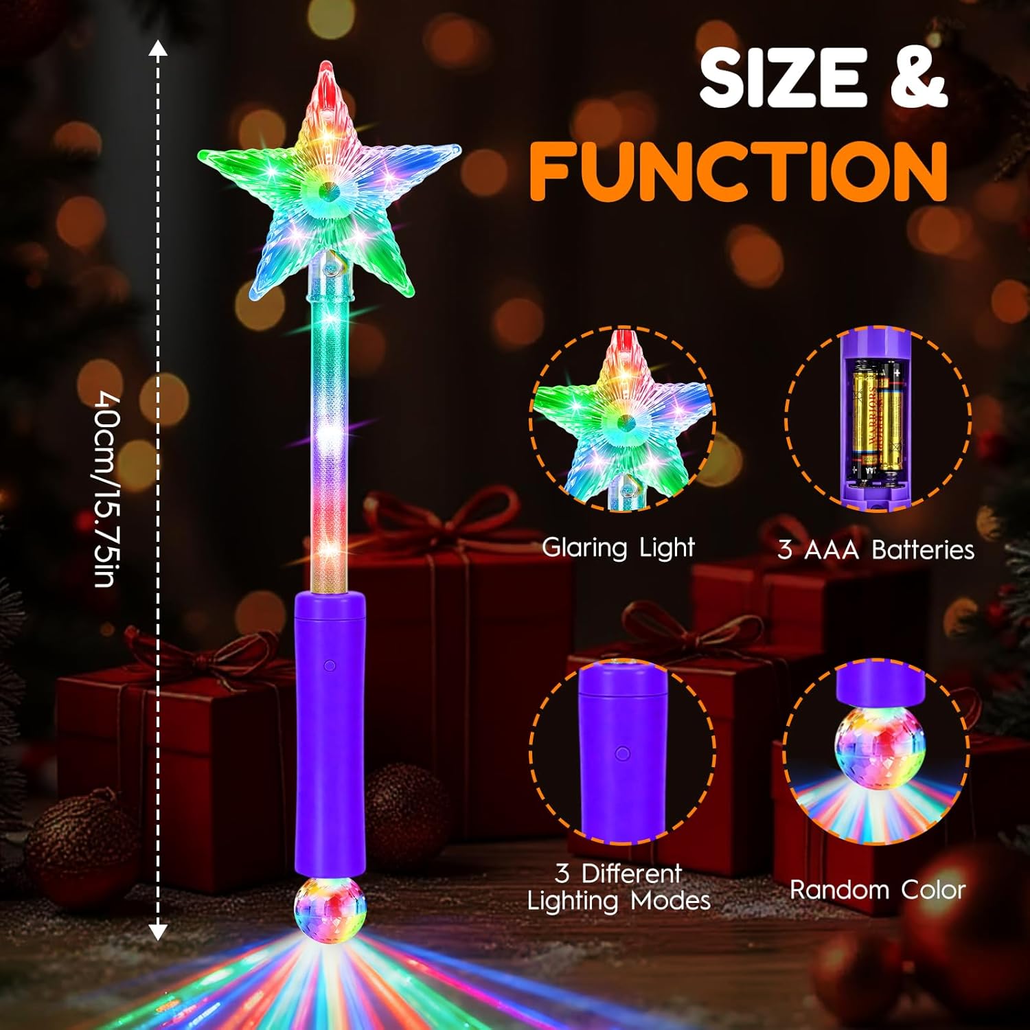 2 Pack Stars LED Light Up Magic Wand for Kids, Princess Fairy Wand for Little Girl, Star Wand Perfect for Party Favors, Holiday & Birthday Events