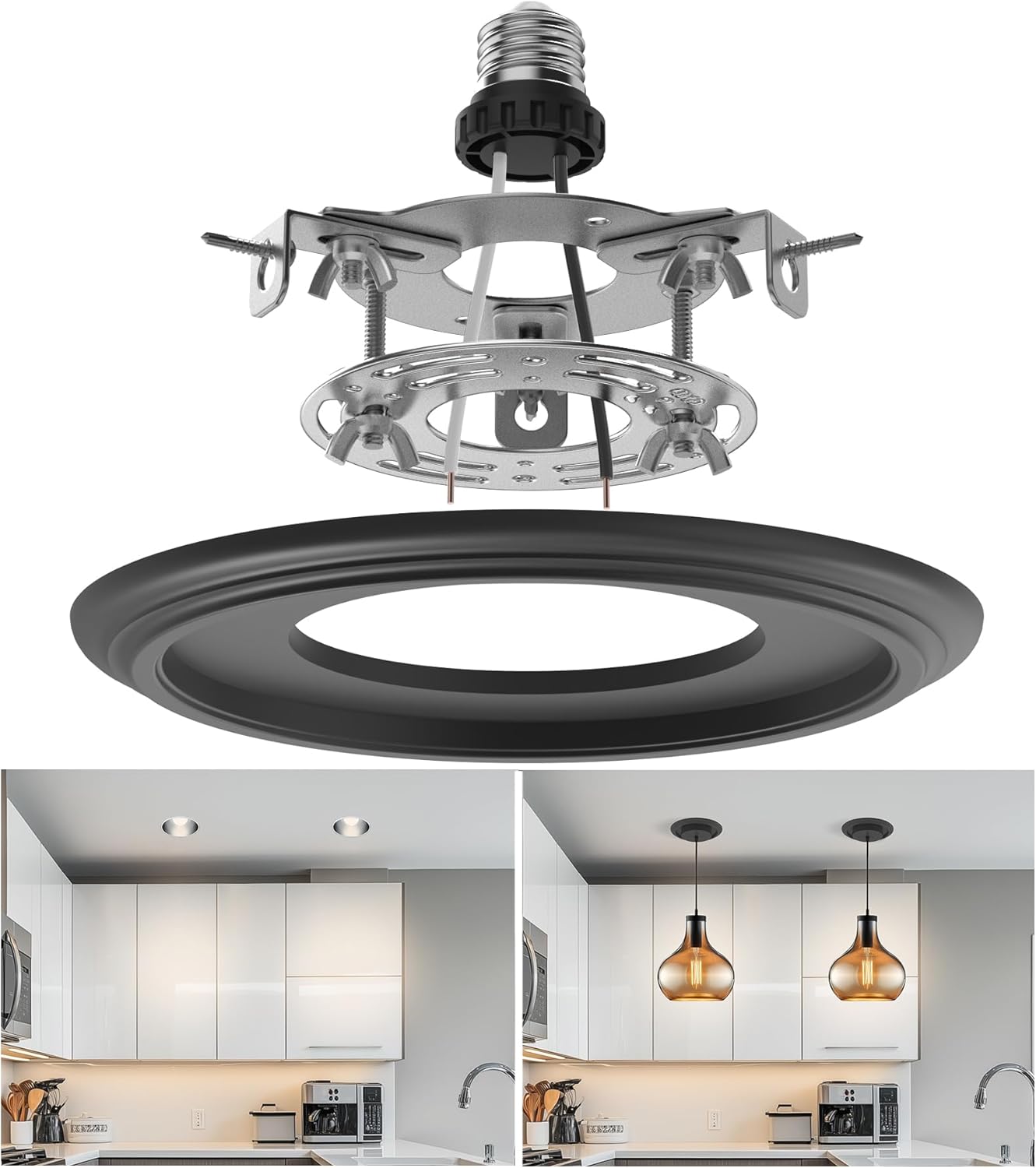 R5 and 6 Recessed Can Light Conversion Kit, Light Fixture Upgrade, Pendant Light, Fan Compatible, Equipped with 7¾ Inch Decorative Plastic Medallion, Black Finish