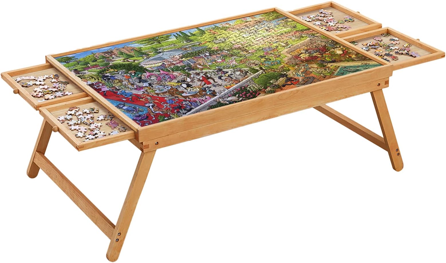 Rose Home Fashion 1500PCS Folding Puzzle Table, Puzzle Board with Foldable Legs and 4 Drawers & Cover, 34" x 26" Wooden Puzzle Table for Bed, Puzzle Tables for Adults, Portable Folding Puzzle Tray